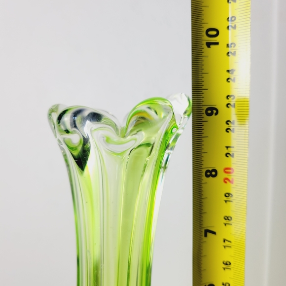 Vintage Six Finger Glass Swung Vase - Emerald Green to Clear - 9 inch Bud Vase - Picture 6 of 16